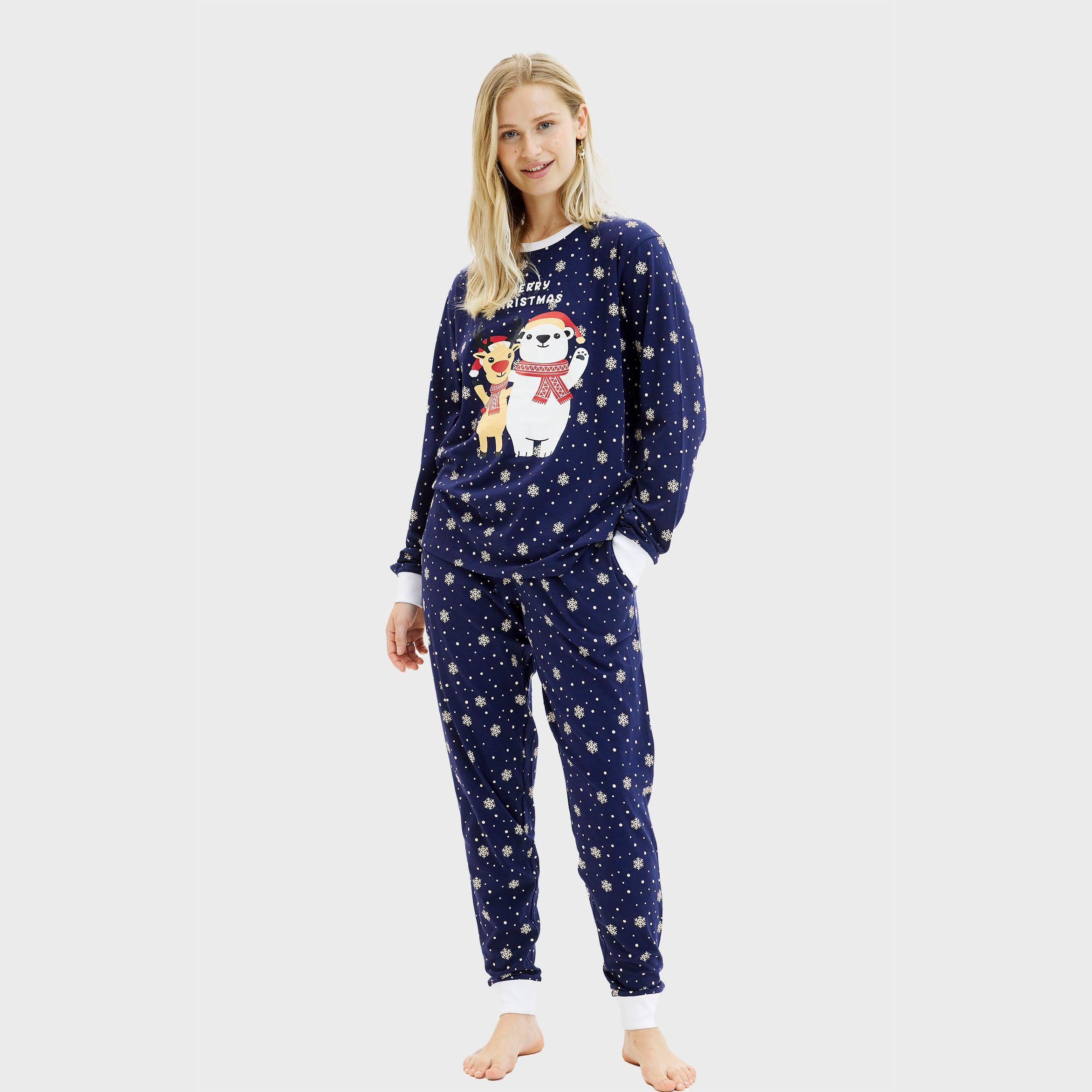 Damen Weihnachtspyjama in Dunkelblau mit Schneemann und Rentiermotiv, weihnachtspullover damen Design.